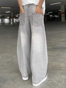 Ngobest Haus 1 件正义兄弟休闲男士宽松破洞牛仔阔腿牛仔裤，日式风格，百搭 - 灰色 - 查看 2