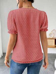 Elenzga 女士法式纯色瑞士波点荷叶边V领泡泡袖衬衫 - 粉色 - 查看 2