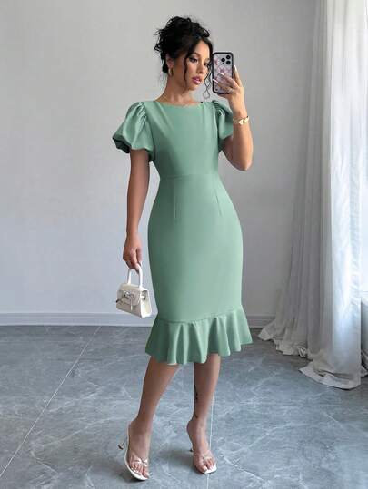 Selianne Women's Solid Color Casual Ruffle Hem Petal Sleeve Dress