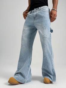 PAVTROS Men's Pocket Button Rhinestone Embellished Casual Versatile Daily Wear Wide Leg Jeans Light Jeans - Light Wash - View 5