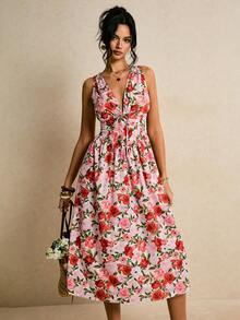 Poéselle 女士夏季度假印花深V领系带无袖收腰连衣裙 - 紅色 - 查看 7