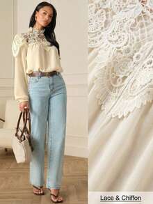 Lilora 女士优雅纯色镂空领花卉长袖衬衫，浪漫优雅，适合通勤穿着，饰有精致蕾丝边。 - 杏色 - 查看 9