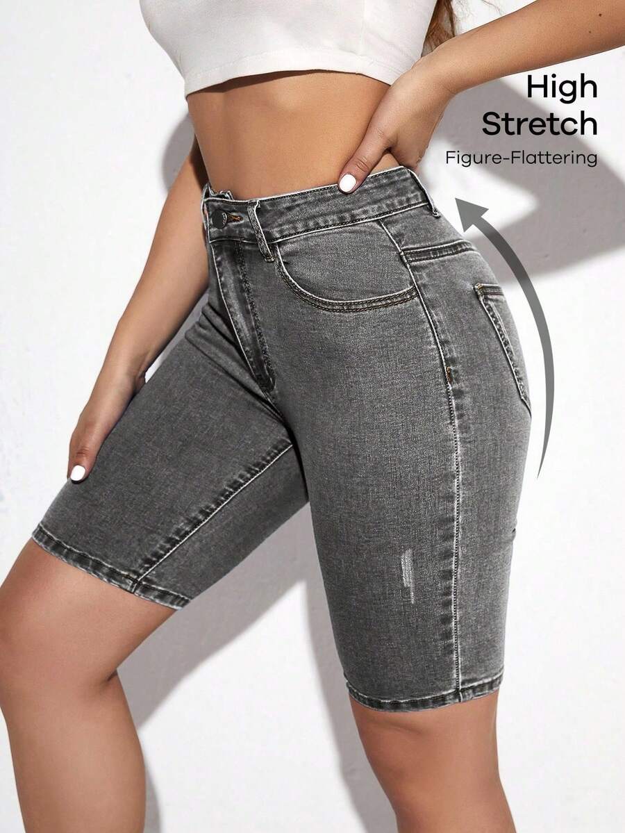 Flexra Quần short denim dáng ôm, màu trơn, túi xéo, kiểu dáng thường ngày, đa năng. - Xám - Xem 1