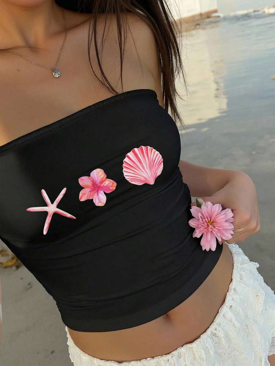 Aloruh 女士休闲无肩带紧身海星花卉印花露脐上衣,适合夏季、海滩度假、音乐节等场合。 - 彩色 - 查看 1