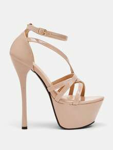 Glitzique 女士交叉防水台細高跟涼鞋,時尚露趾踝帶平底涼鞋 - 杏色 - 查看 8