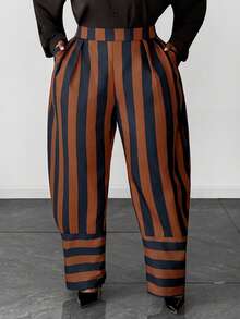 Maweii Quần ống rộng kẻ sọc dáng casual, cạp chun. - màu nâu - Xem 2