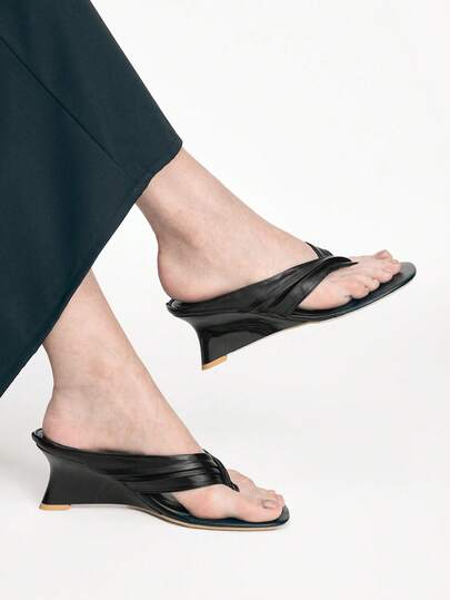 Mnmlis Women's Crossover Strap Design Peep Toe Wedge Heel Sandals, Glossy Black Leather, Minimalist Elegant Style, Suitable For Summer Outdoor, Commute, Shopping, Dating, Casual Wear, Comfortable Height Increase