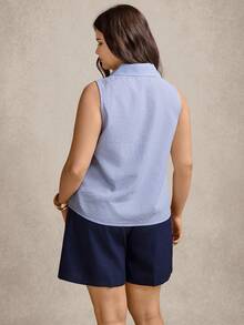 Zelara 大码休闲百搭刺绣无袖衬衫背心嘉年华套装沙滩休闲情人节工作服女装夏季蓝色两件套女装短款套装女士短款套装学院风女装夏季上衣 - 藍色 - 查看 4