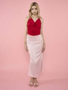 OverBlushhh Women's Pink Satin Midi Skirt Lace Detail High Waist Bias Cut Slim Fit Elegant, Sexy, Preppy Style Skirt, Everyday Work, Date, Valentine's Day, Valentine, Birthday , Spring - Pink - View 4