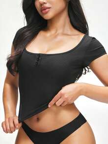 SHAPORA Women's Simple Solid Color Ribbed Knit Oversized Scoop Neck Batwing Sleeve Curved Hem Crop Sleep Top, Summer - Black - View 3