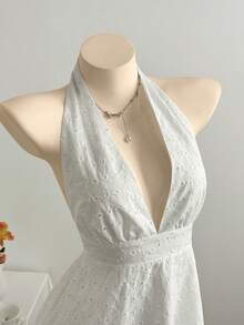 Elamini 女士休闲中长连衣裙，百搭日常装，纯色蕾丝深V领套头连衣裙，春夏款 - 白色 - 查看 3