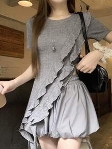 FRIFUL 2pcs Women's T-Shirt And Shorts Set, Asymmetrical Ruffle Hem Tight Fit Crop Top And Ruched Waist Shorts Outfit Lounge Sets For Women - Grey - View 2