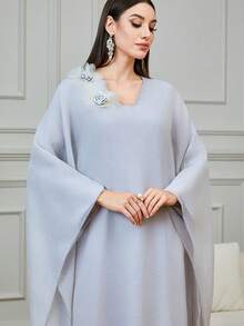 Al Najma Women's Chiffon Poncho With 3D Floral Decor, V-Neck Loose Fit Tunic - Light Grey - View 4