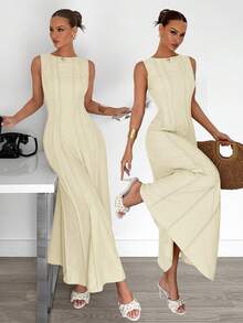 Siren Gaze New Arrival Summer Pleated Sleeveless A-Line Dress - Apricot - View 6