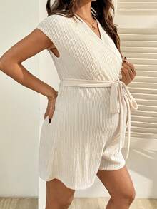 SHEIN White Summer Casual Everyday Maternity Nursing Jumpsuits,Apricot Textured Stretchy Fabric Breastfeeding Friendly Belted Romper Shorts For Women - Apricot - View 6