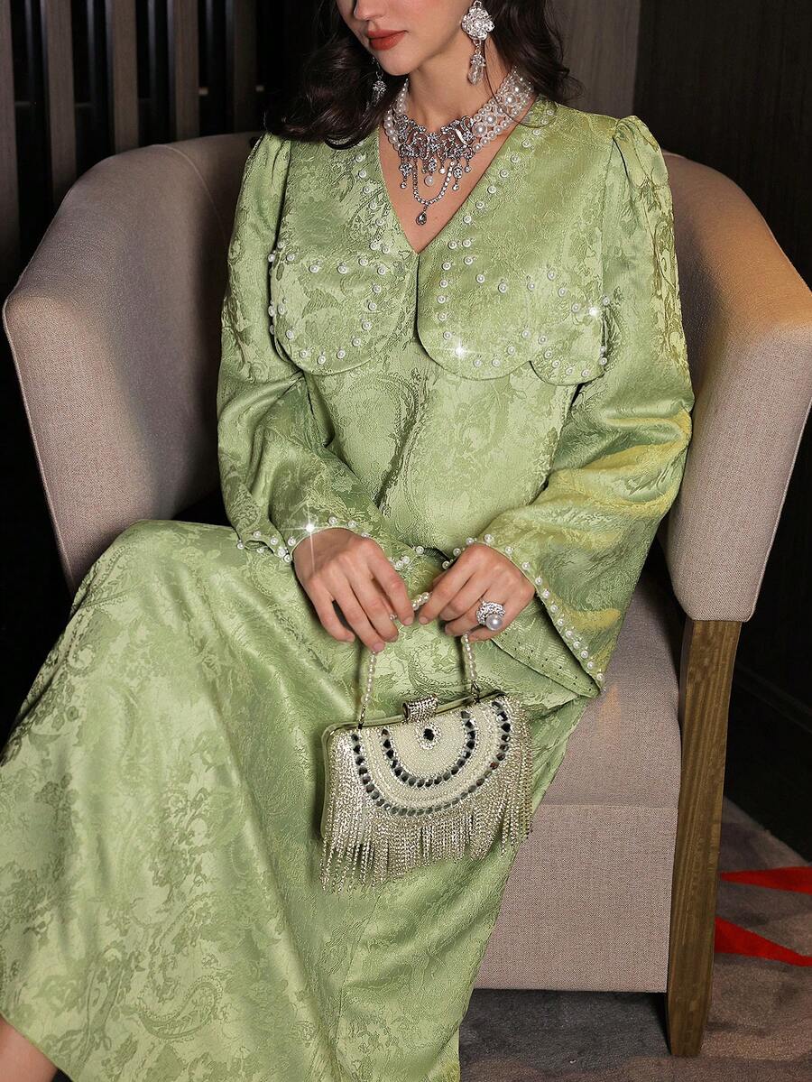 Al Najma Women's Elegant Floral Jacquard Bubble Bead Long Sleeve Dress, Fresh Style For Spring/Summer Sage Green Jacquard Pearl Embellished Peter Pan Collar Flare Sleeve Maxi Abaya Spring Wedding Guest Elegant Green Formal Maxi Dress Peter Pan Collar With Pearl Embellishment + Flare Bell Sleeves + Pearl Cuffs Elegant Modest & Luxury Aesthetic Sage Green / Pistachio Green / Avocado Green Color Palette Maxi Dress Green Dresses For Women Holiday Dresses Elegant Dresses For Women Festival Outfits Spring Outf - Green - View 1