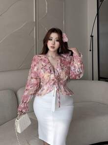 Vibekara 法式碎花长袖雪纺衬衫，宽松荷叶边V领甜美衬衫，春夏款 - 粉色 - 查看 5