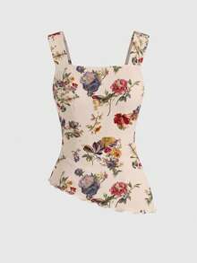 INAWLY Women's Elegant Floral Print Asymmetric Hem Blouse, Summer - White - View 2