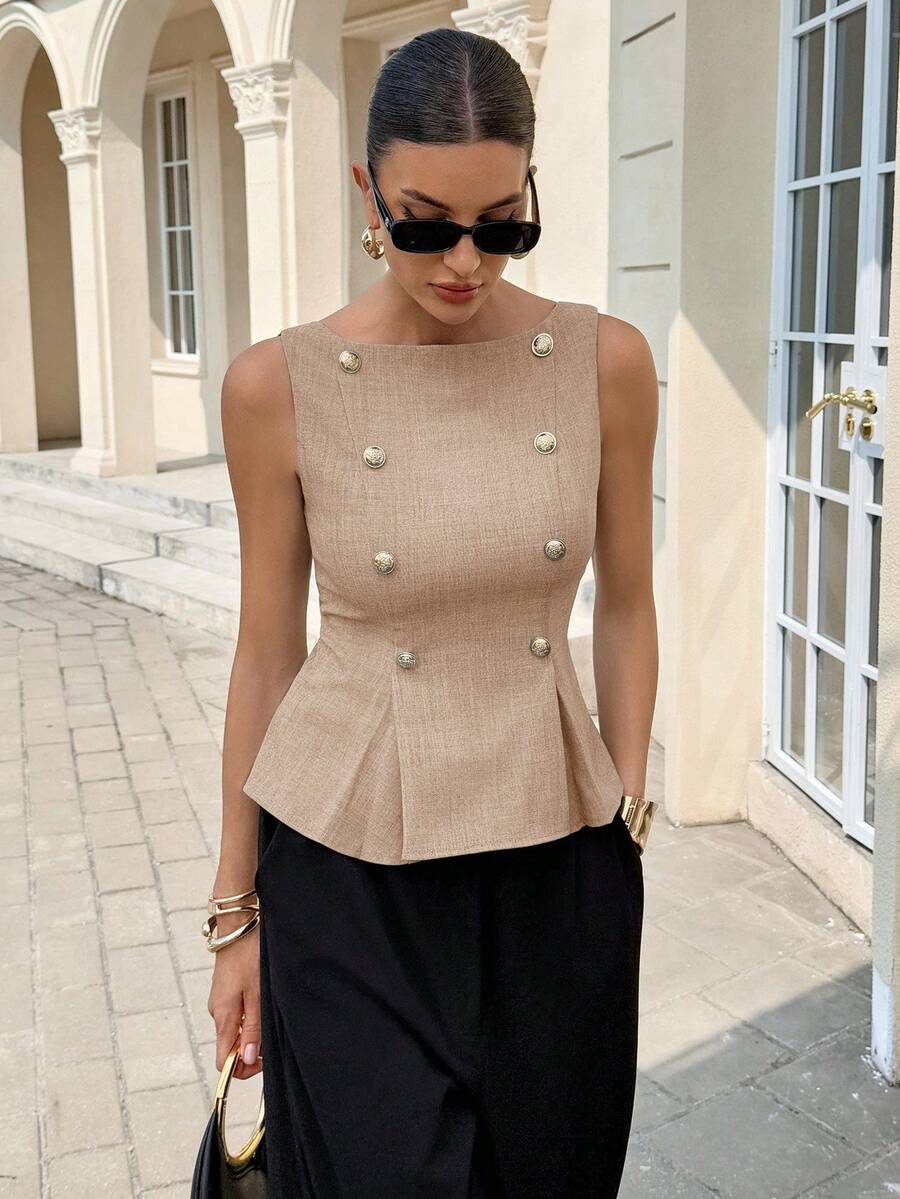 Siren Gaze Women's Solid Color Button Decorated Sleeveless Blouse,Summer Top - Apricot - View 1