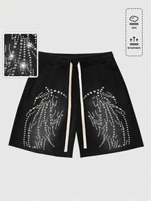 ROMWE MEN Men's Sparkling Rhinestone Studded Zebra Print Shorts - Black - View 7