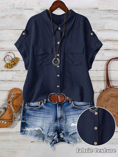 Linhara 大码女式纯色全扣翻领短袖双口袋休闲舒适时尚衬衫