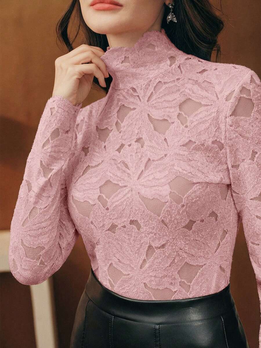 Casual Women's Baby Pink Semi-Sheer Lace Top, Stand Collar Long Sleeve With Elegant Plant Pattern And Rib-Knit Details - Baby Pink - View 1