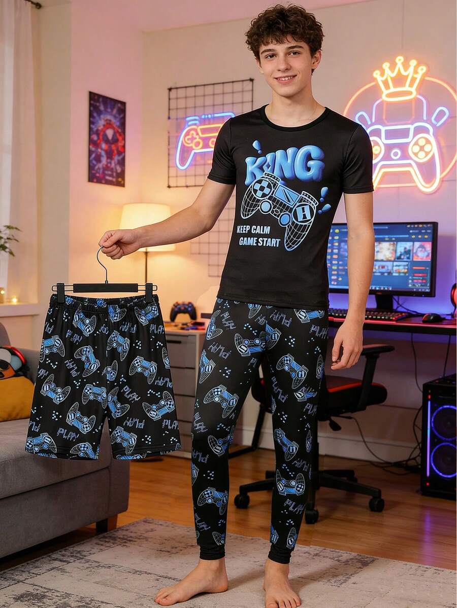 Tween Boys' Crew Neck Short Sleeve Casual 3 PiecesSnug Fit Loungewear Set, Summer - Multicolor - View 1