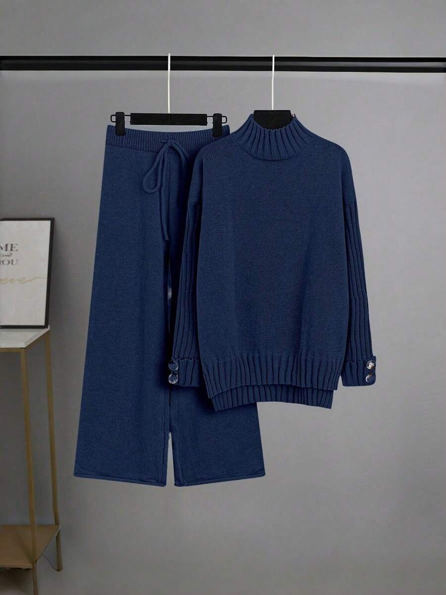 Franclia 2pcs/Set Women Solid Color Mock Neck Long Sleeve Top And Pants Casual Set Knitwear Setsweater Setsweater Setstwo Piece Sweater Setsweater Pants Set - Royal Blue - View 1