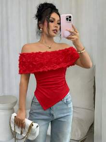 Rafferiza Women Romantic Valentine's Day Red 3D Rose Flower Off Shoulder Large Lapel, Ruched Irregular Hem Slim FitRuched Women Elegant Ruched Bodycon T-Shirt,Spring/Summer Red Off Shoulder Top Red Tops Women Sexy Red Top Women Cute Red Top Red Tube Top - Red - View 1