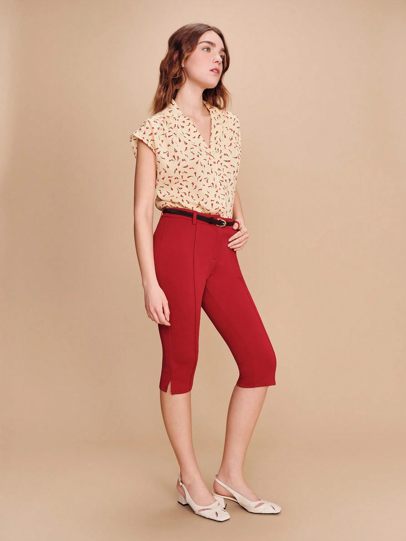 Beige And Red Floral Printed Blouse With Lapel Collar And Boxy Fit Elegant Parisian Spring Summer Butter Yellow Top Ditsy Floral Top Vintage French Style Top