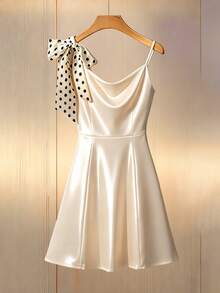 Franclia Women's Fashion Summer Party Bow Tie Strap Dress White  Polka Dot Bow Vintage Dress Polka Dot Bow Dress - Apricot - View 1
