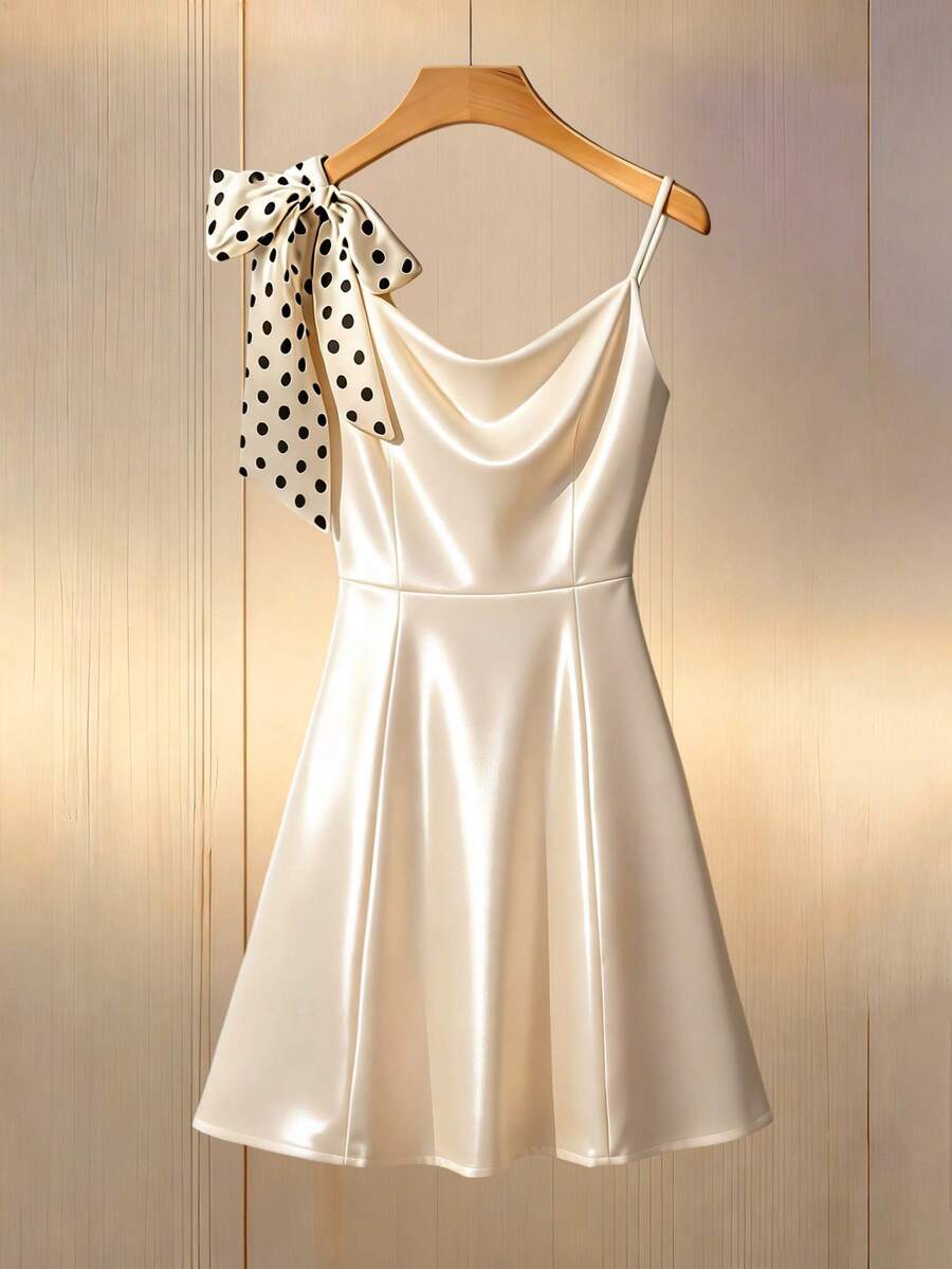 Franclia Women's Fashion Summer Party Bow Tie Strap Dress White  Polka Dot Bow Vintage Dress Polka Dot Bow Dress - Apricot - View 1