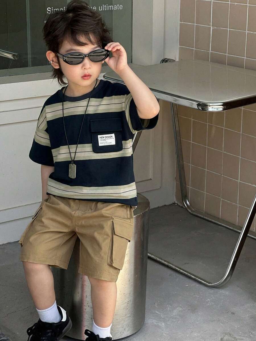 DAZY 男童条纹落肩短袖T恤套装 - 藏蓝色 - 查看 1