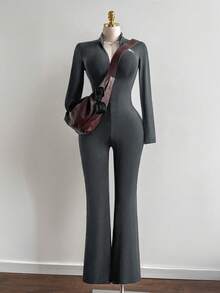 Elamini Women's Black Stand Collar Jumpsuit With Logo, Elastic Fitted Slimming Design, Front Zipper, Elegant & Sexy European Style - Grey - View 4