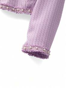 GlowEve CURVE 2 piezas Conjunto de chaqueta de cárdigan de manga larga con cuello en V y adorno de perlas en contraste, y vestido maxi con decoración de perlas en el cuello redondo, para mujer talla grande, adecuado para otoño/invierno, uso casual, oficina y fiesta - Morado - Ver 4