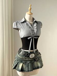 Elamini 女士黑白条纹拼接下摆纽扣领荷叶边短袖修身衬衫，性感复古欧美风 - 彩色 - 查看 5