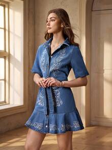 Breezaya Women's Summer Vacation Embroidered Denim Dress - Medium Wash - View 3