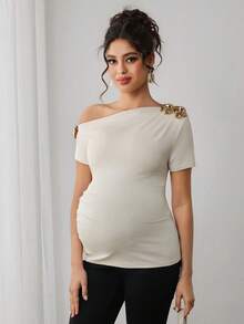 Momance Maternity T-Shirt With Oblique Shoulder, Short Sleeve, Waist Ruched, Embroidered Floral Decor, Fitted - Apricot - View 4