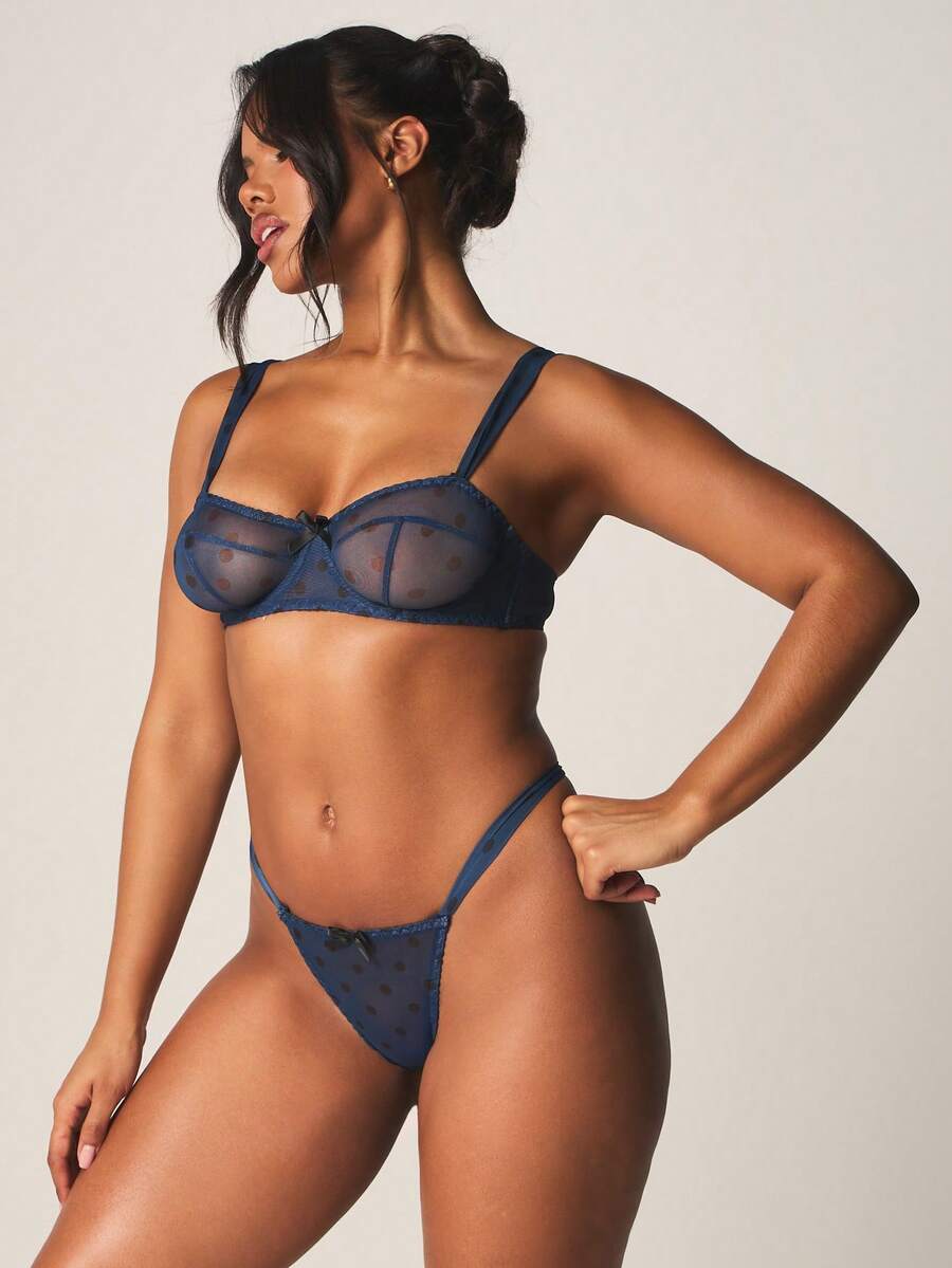 MISSGUIDED Mesh Polka Dot Lingerie Set With Underwire Bra And Matching Thong Intimate Collection For Special Occasions - Multicolor - View 1