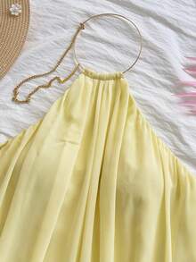 Soleia Women's Chiffon Elegant Cream Yellow Spaghetti Strap Mini Dress, Women's Date Dress, Women's Night Out Dress, Women's Summer Dress, Women's Honeymoon Set, Women's Wedding Guest Dress, Island Vacation Set, Women's Wedding Guest Dress, Women's Sundress, Women's Elegant Party Dress, Women's Birthday Dress - Light Yellow - View 5