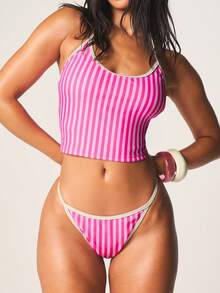 MISSGUIDED Striped Tankini Set With Halter Top And Cheeky Bottom Two Piece Swimwear For Beach Vacation Summer Pool Party - Pink - View 3