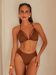 Swim Chiccia Sexigt bikiniset med pärlor och halterneck för kvinnor, glansigt tyg, flätat repdesign, lämpligt för strandsemester - Brun - Visa 1