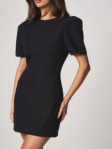 MISSGUIDED Puff Sleeve Structured A-Line Mini Dress Short Sleeve Crew Neck Bodycon Fit Winter Fall Holiday Party Evening - Black - View 4