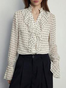 Aveloria Modichic Áo kiểu dáng thanh lịch, rộng rãi, in họa tiết hoa Paisley và hoa điều, chất liệu chiffon xếp lớp, cổ bèo nhún, cài cúc phía trước, phong cách cổ điển dành cho nữ. - Màu be - Xem 4