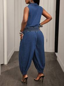 BamGleam Bộ jumpsuit denim không tay màu trơn tối giản dành cho nữ, trang phục thường ngày thoải mái. - Rửa tối - Xem 2