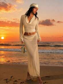 Aloruh Dam Nytt Chiffong-set med omslag, sexigt och elegant, semesteroutfit, enfärgat, aprikosfärgat, strandkläder, 2-delat set, urringad, långärmad topp + midikjol med låg midja och a-linjeform. - Aprikos - Visa 5