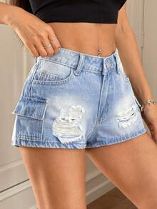 Rivivi 女士休闲百搭日常牛仔短裤，带口袋和做旧设计 - 淺色水洗藍 - 查看 1