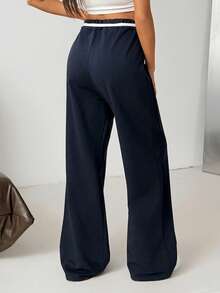 EURMUSE Quần nỉ ống rộng màu trơn dành cho nữ, có thêu họa tiết. - Màu xanh hải quân - Xem 2