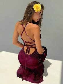 Aloruh Đầm nữ thanh lịch in họa tiết nhuộm tie-dye, hở lưng, cổ buộc dây, thích hợp cho các buổi đi chơi, kỳ nghỉ, tiệc tùng, đi biển, đám cưới, sinh nhật, phong cách sang trọng. - trắng - Xem 8