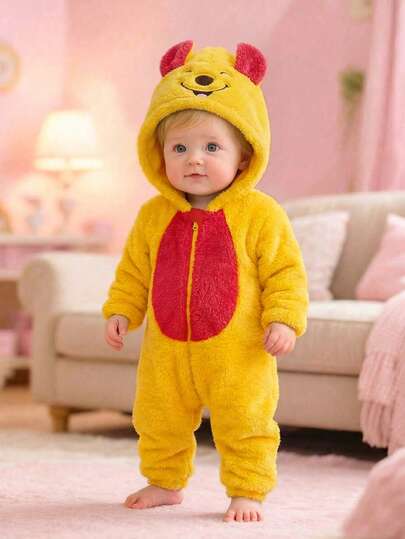 SHEIN Baby Boys Thermal Lined Hooded Jumpsuits, Comfortable Versatile Fashionable Daily Cute Big Ear Design, Suitable For Indoor, Outdoor Skiing, Daily, Sports, Play, Party, Photography, Holidays, Halloween In Autumn/Winter